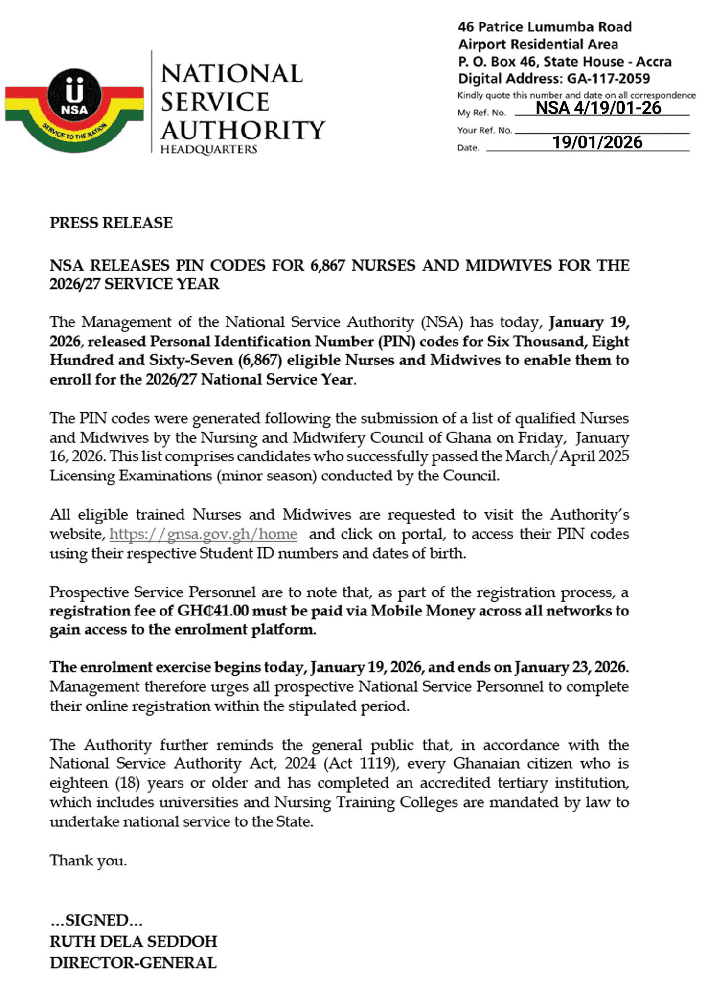 NSA Opens 2026/27 Registration for Nurses