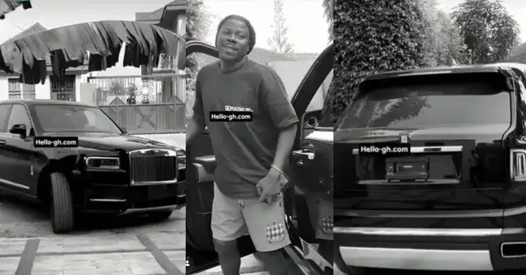 Stonebwoy stepping out of a Rolls-Royce Cullinan with Bentley and Maybach convoy