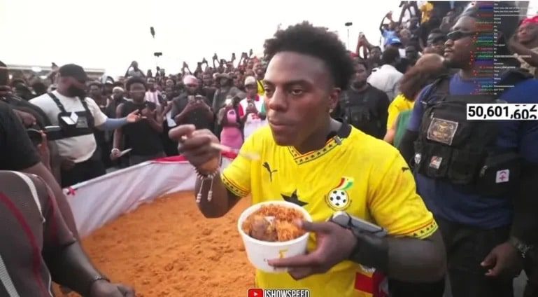 IShowSpeed tasting Ghanaian Jollof rice during his visit to Ghana
