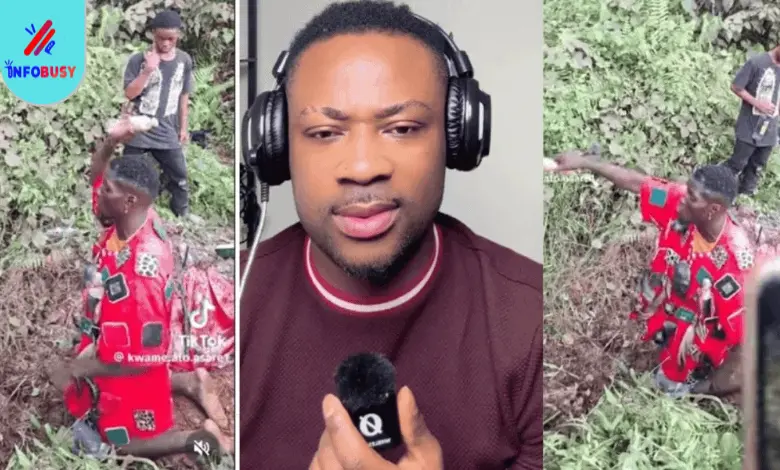 Kwame Ato kneeling by a riverbank performing a traditional ritual